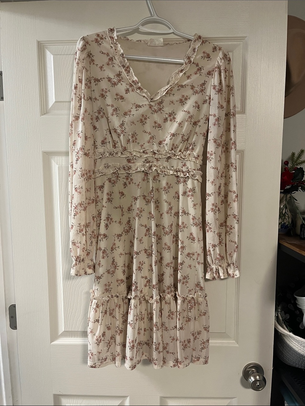 Cream Floral Ruffle Long-Sleeve Dress